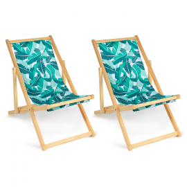 Lot de 2 chaises longues pliantes chilienne bois toile tropicale Lot de 2 chaises longues pliantes chilienne bois toile tropicale