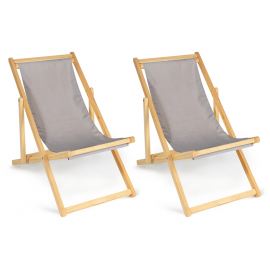 Lot de 2 chaises longues pliantes chilienne bois toile taupe Lot de 2 chaises longues pliantes chilienne bois toile taupe
