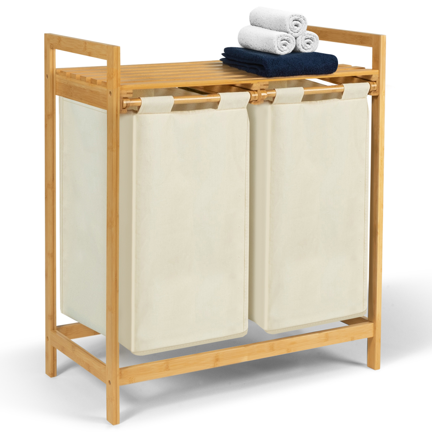Panier à linge 3 bacs amovibles bambou et tissu - ALBA
