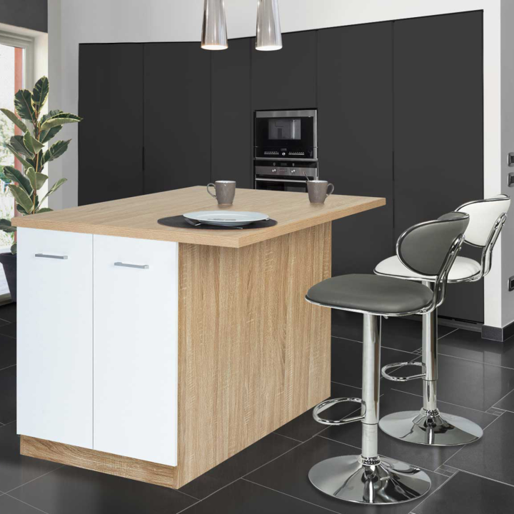 Ilot central IVO 120 cm bois façon hêtre portes blanches avec plan de travail Ilot central IVO 120 cm bois façon hêtre portes blanches avec plan de travail