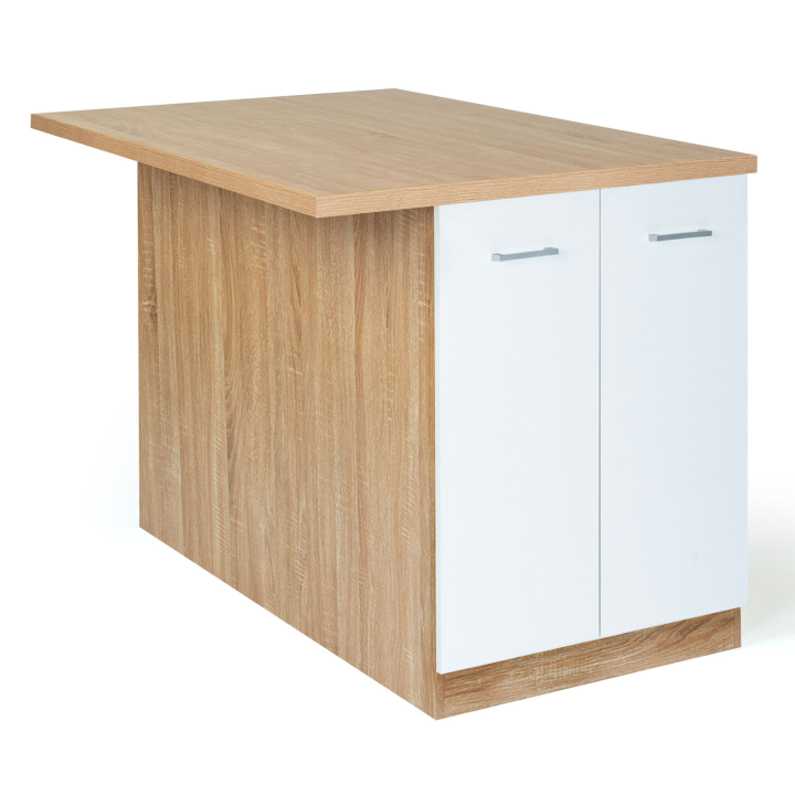 Ilot central IVO 120 cm bois façon hêtre portes blanches avec plan de travail Ilot central IVO 120 cm bois façon hêtre portes blanches avec plan de travail