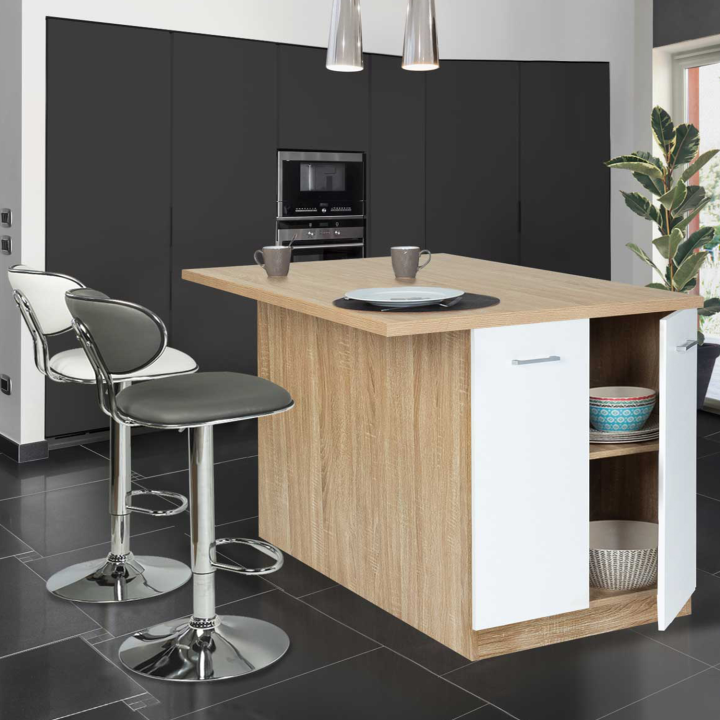 Ilot central IVO 120 cm bois façon hêtre portes blanches avec plan de travail Ilot central IVO 120 cm bois façon hêtre portes blanches avec plan de travail