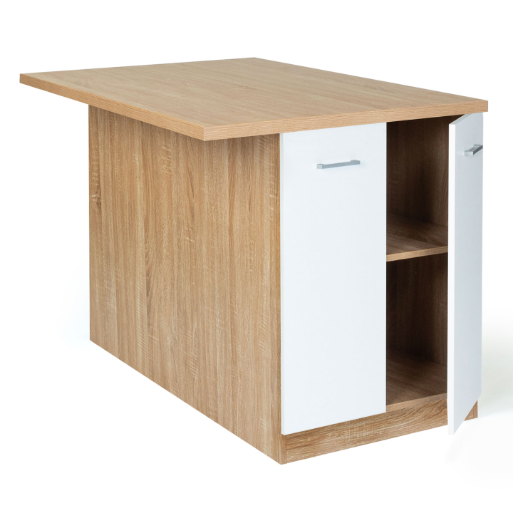 Ilot central IVO 120 cm bois façon hêtre portes blanches avec plan de travail Ilot central IVO 120 cm bois façon hêtre portes blanches avec plan de travail