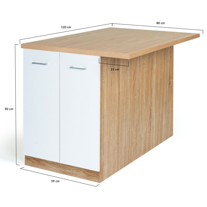 Ilot central IVO 120 cm bois façon hêtre portes blanches avec plan de travail Ilot central IVO 120 cm bois façon hêtre portes blanches avec plan de travail