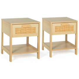 Lot de 2 tables de chevet ELIN 1 tiroir 1 étagère effet naturel cannage