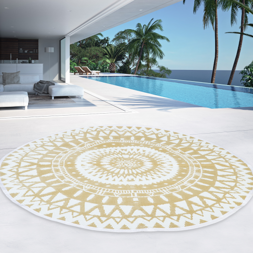 Alfombra de exterior redonda natural y blanca d150 cm