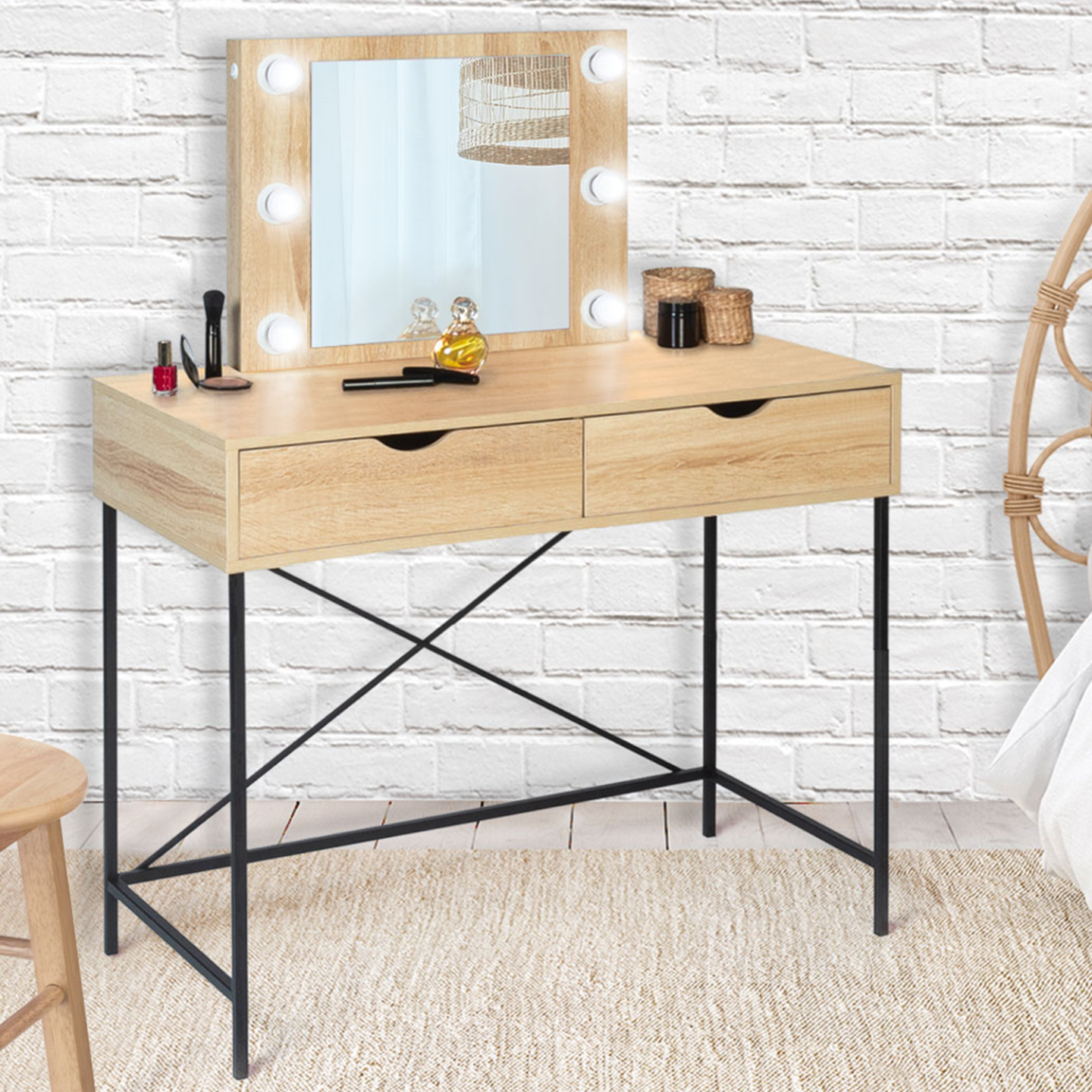 Ensemble De Coiffeuse Avec LED – Noir, Bois D'ingénierie – Neuf