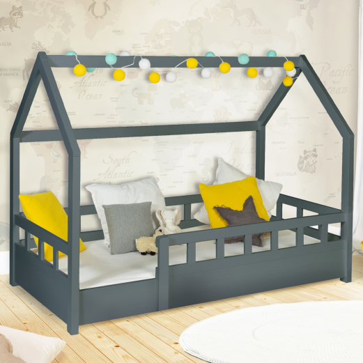 IDMARKET Lit cabane enfant 80 x 160 cm NEREE gris avec sommier et