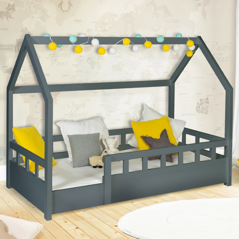 Lit cabane gris pas cher 80x160 cm pour enfant - NEREE