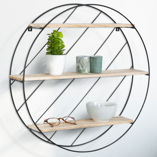 Etagère murale ronde LILY 3 niveaux bois et métal grillagé design industriel