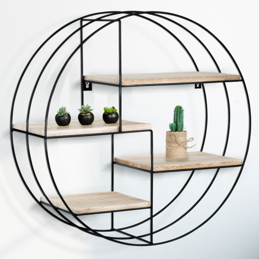 Etagère murale ronde LILY triple cercle 4 niveaux bois et métal design industriel