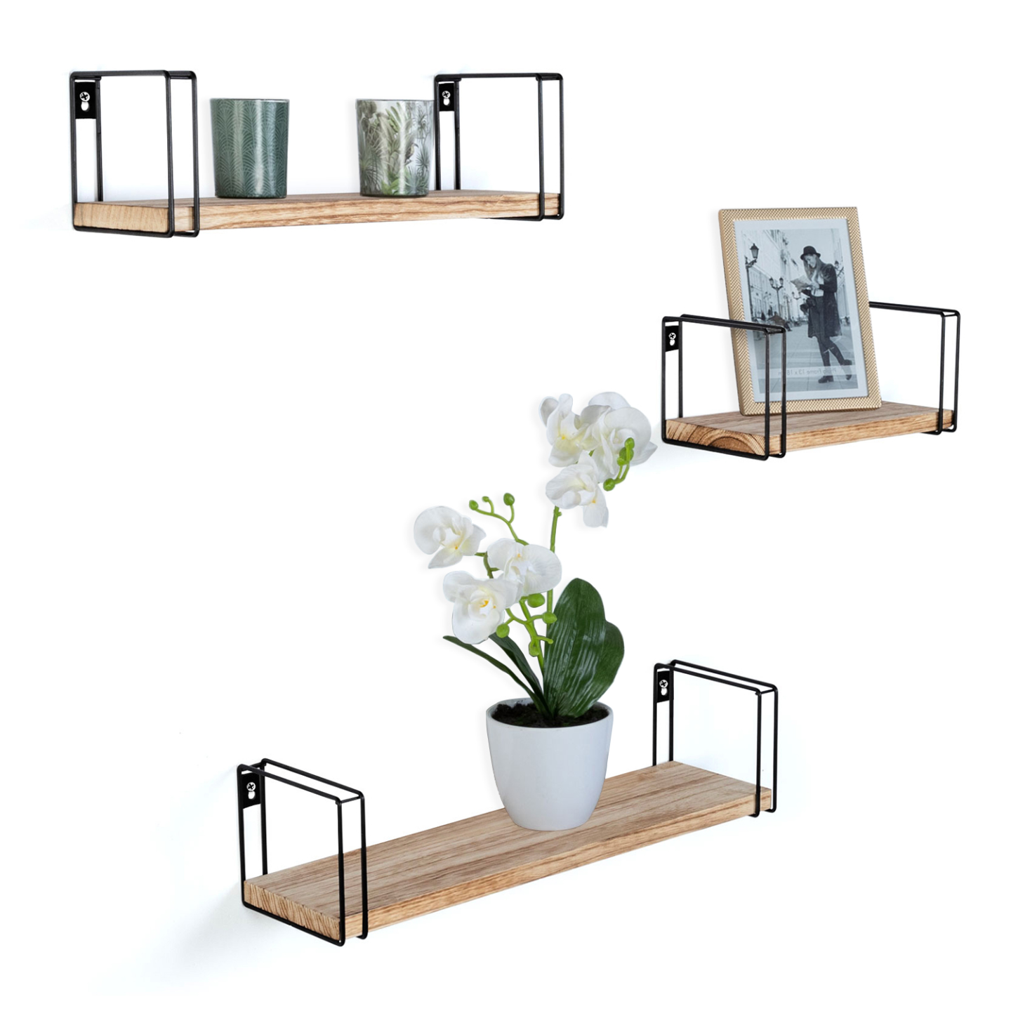 Navaris wandplank - Set van 3 - Rechthoekig - Hout - Bruin