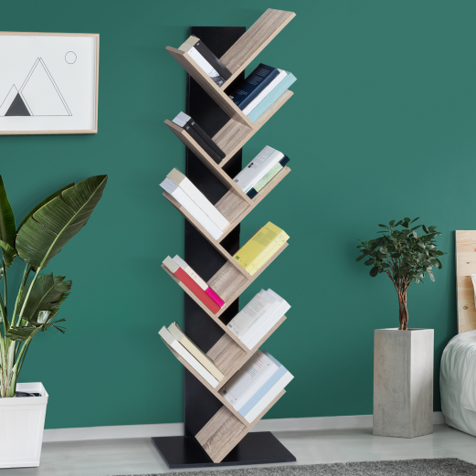 Etagère bibliothèque à livres TEA forme d'arbre 10 niveaux bois noir et étagères façon hêtre