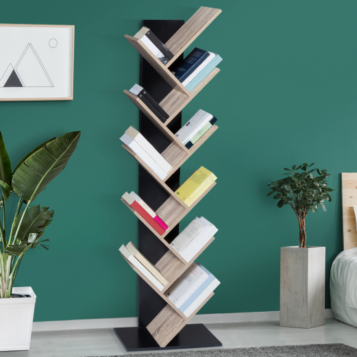 Etagère bibliothèque à livres TEA forme d'arbre 10 niveaux bois noir et étagères façon hêtre Etagère bibliothèque à livres TEA forme d'arbre 10 niveaux bois noir et étagères façon hêtre