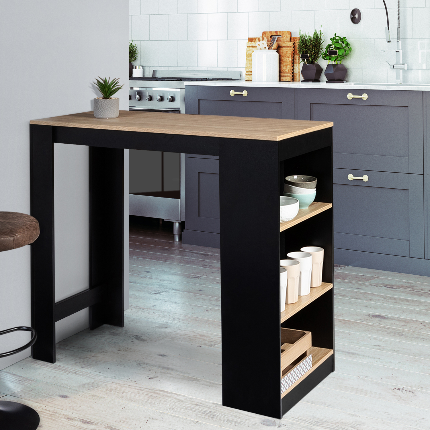 Table de bar haute noire et bois 2 à 4 personnes avec rangement