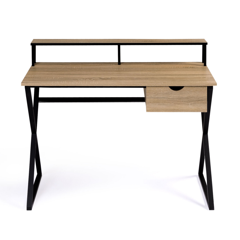 Bureau / Console rétro bois 2 tiroirs et pieds croisés métal noir