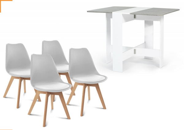 1 TABLE CONSOLE PLIABLE EDI BLANCHE PLATEAU EFFET BÉTON + 4 CHAISES SARA GRIS CLAIR