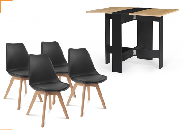 1 TABLE CONSOLE PLIABLE EDI BOIS NOIR PLATEAU FAÇON HÊTRE + 4 CHAISES SARA NOIRES