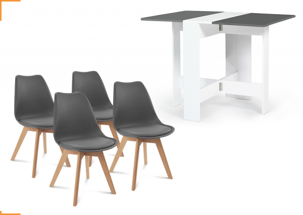 1 TABLE CONSOLE PLIABLE EDI BOIS BLANC PLATEAU GRIS + 4 CHAISES SARA GRIS FONCÉ