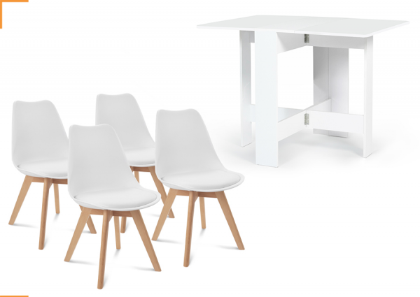 1 TABLE CONSOLE PLIABLE EDI BOIS BLANC + 4 CHAISES SARA BLANCHES
