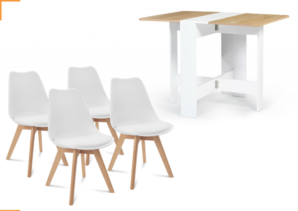 1 TABLE CONSOLE PLIABLE EDI BOIS BLANC PLATEAU FAÇON HÊTRE + 4 CHAISES SARA BLANCHES