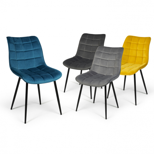 Chaises en velours bleu, jaune et gris clair et foncé matelassées pieds  métal x4 - MADY