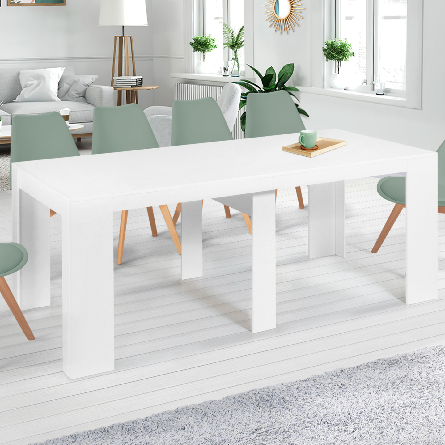 Table Console Extensible Michel 235 Cm - Blanc Et Façon Hêtre - 4 Rallonges - Passe De 90 Cm à 235 Cm (10 Personnes)