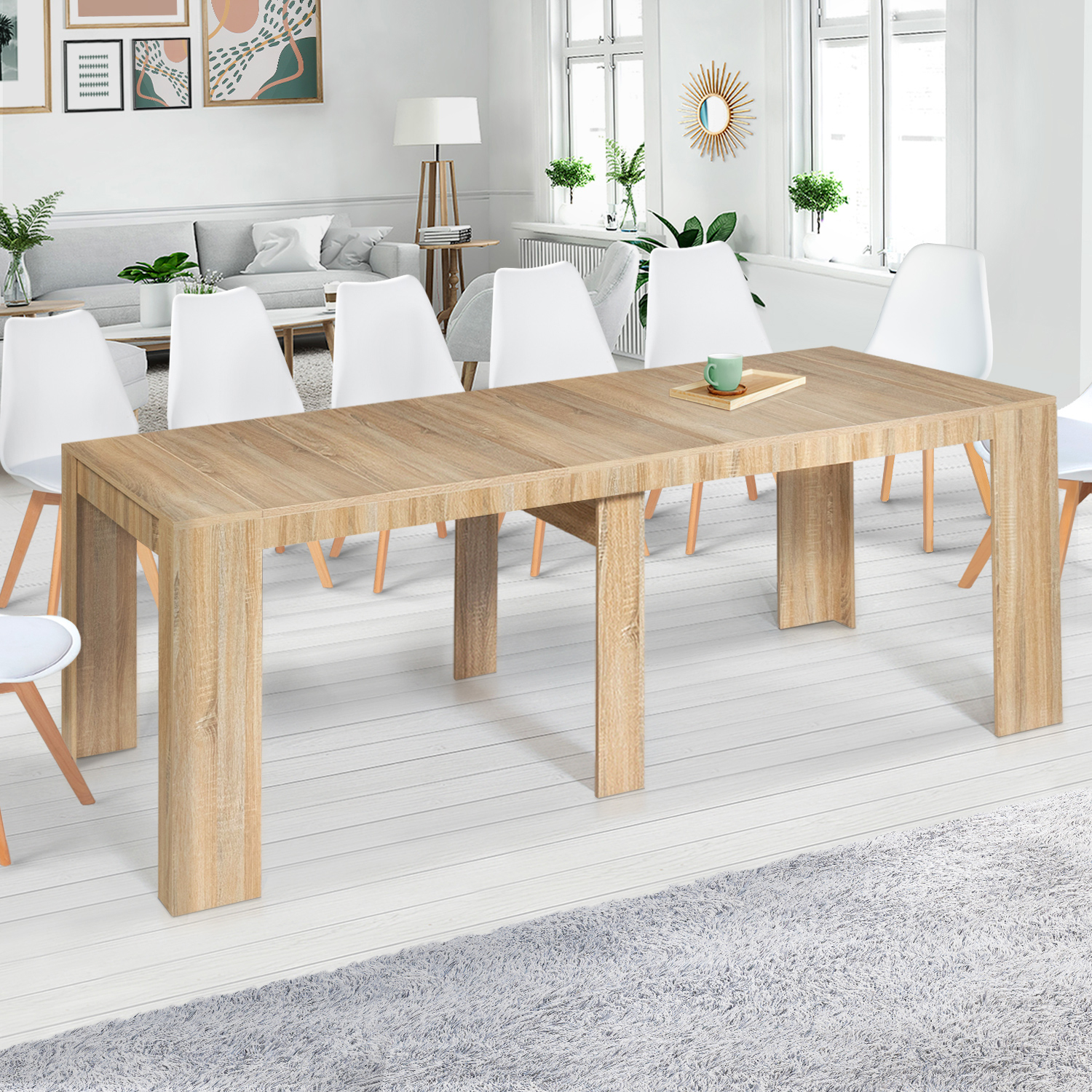 Table console extensible imitation hêtre 14 personnes 300 cm