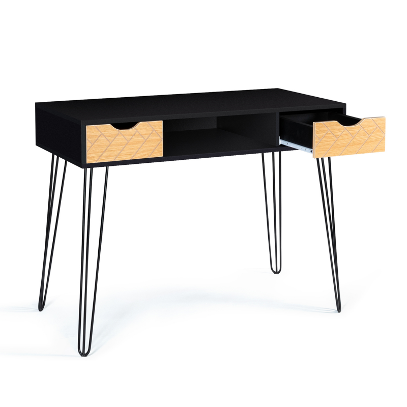 Bureau / Console rétro bois 2 tiroirs et pieds croisés métal noir