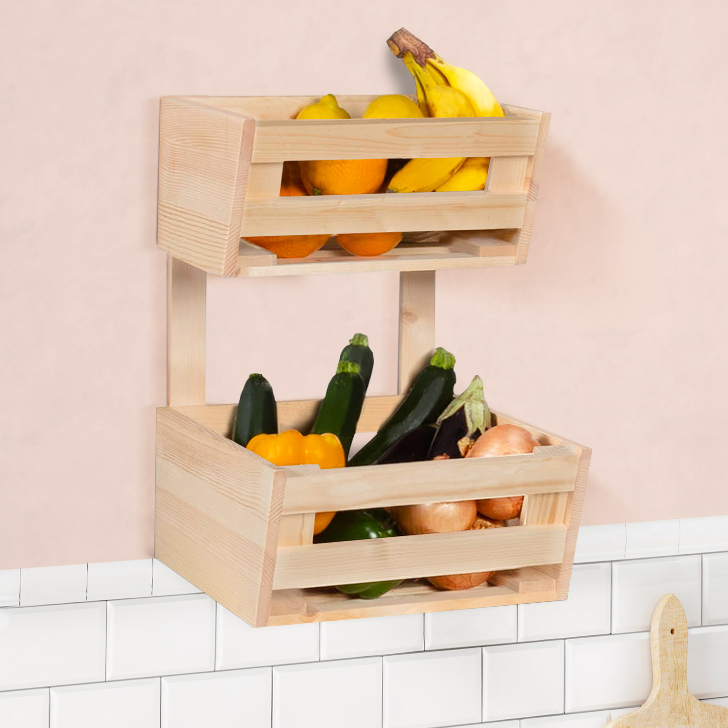 Range fruits et légumes en bois rangement 2 niveaux à poser ou suspendre