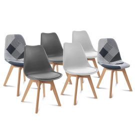 Lot de 6 chaises scandinaves SARA gris foncé x2, gris clair x2 et patchworks noirs, gris et blancs