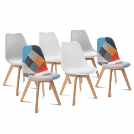 Lot de 6 chaises SARA blanc x2, gris clair x2 et patchworks multi-couleurs