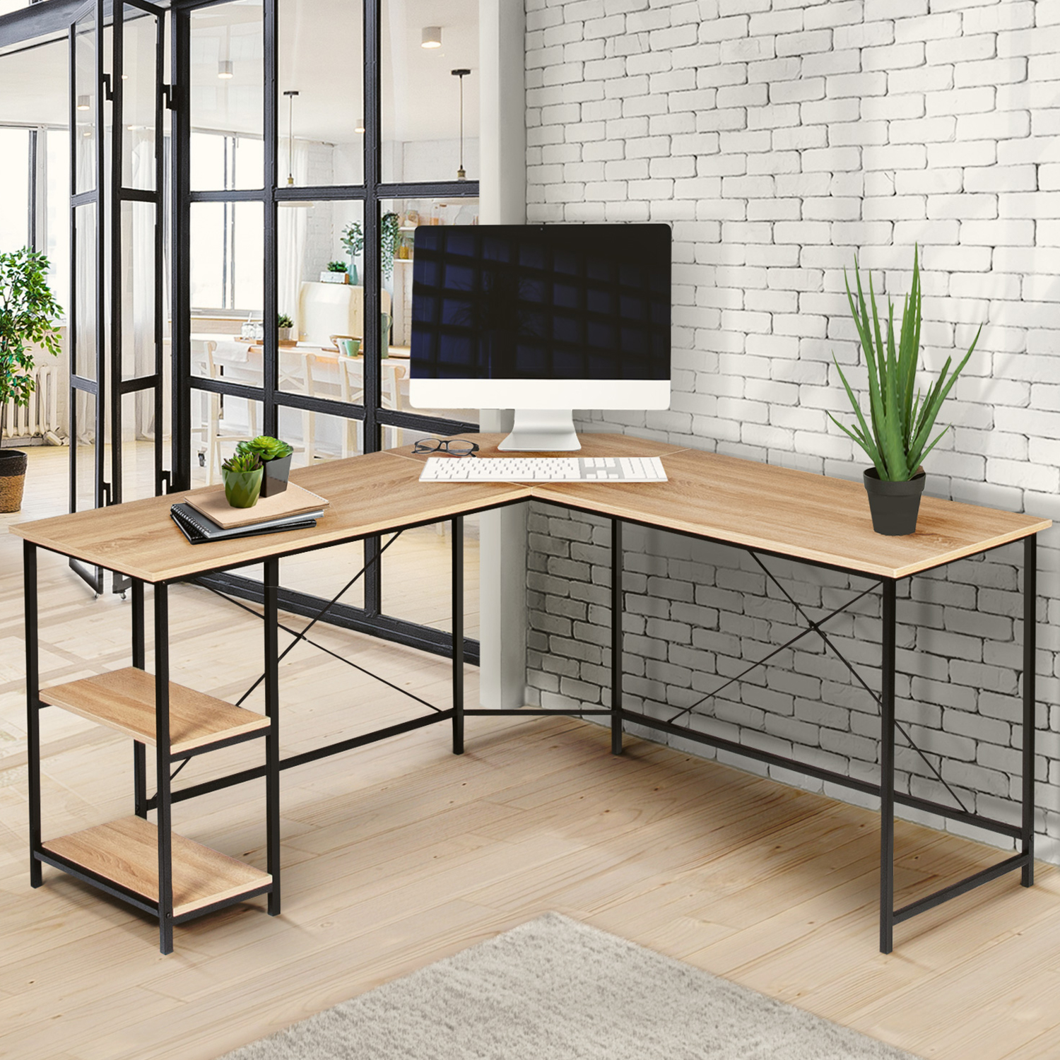 Bureau d’angle industriel avec étagère bois et métal