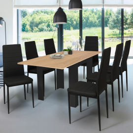 Table à manger extensible rectangle DONA 6-8 personnes noire plateau façon hêtre 80-160 cm