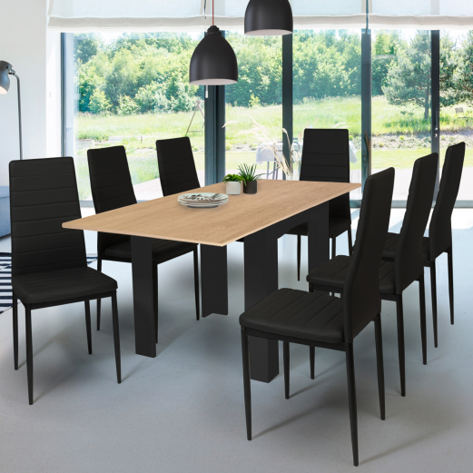 Table à manger extensible noire et imitation hêtre 6 à 8 personnes