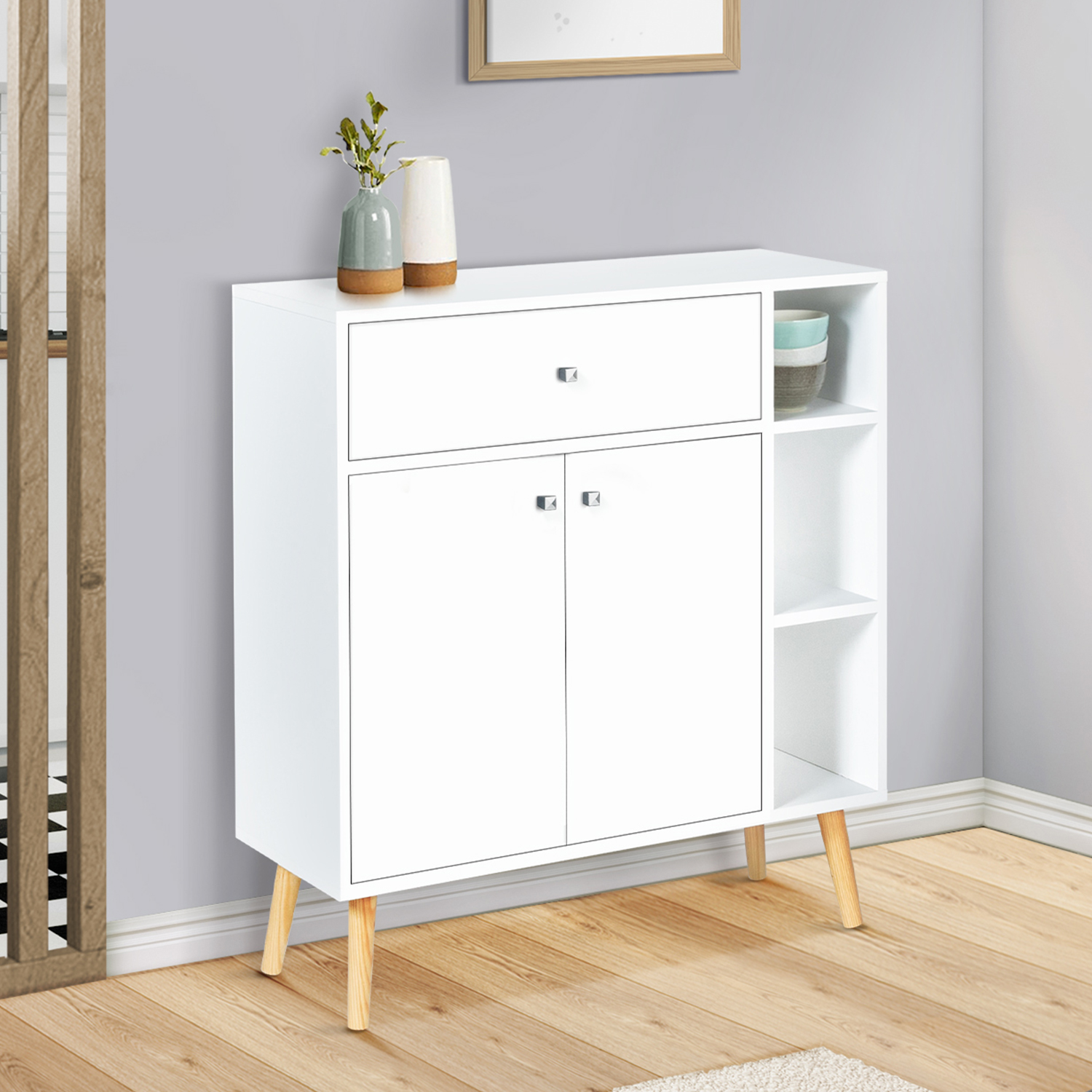 Meuble Rangement Scandinave EMMIE Blanc - Avec Placard, Tiroir Et 3 Niches - Design Bois 80x30x87 Cm