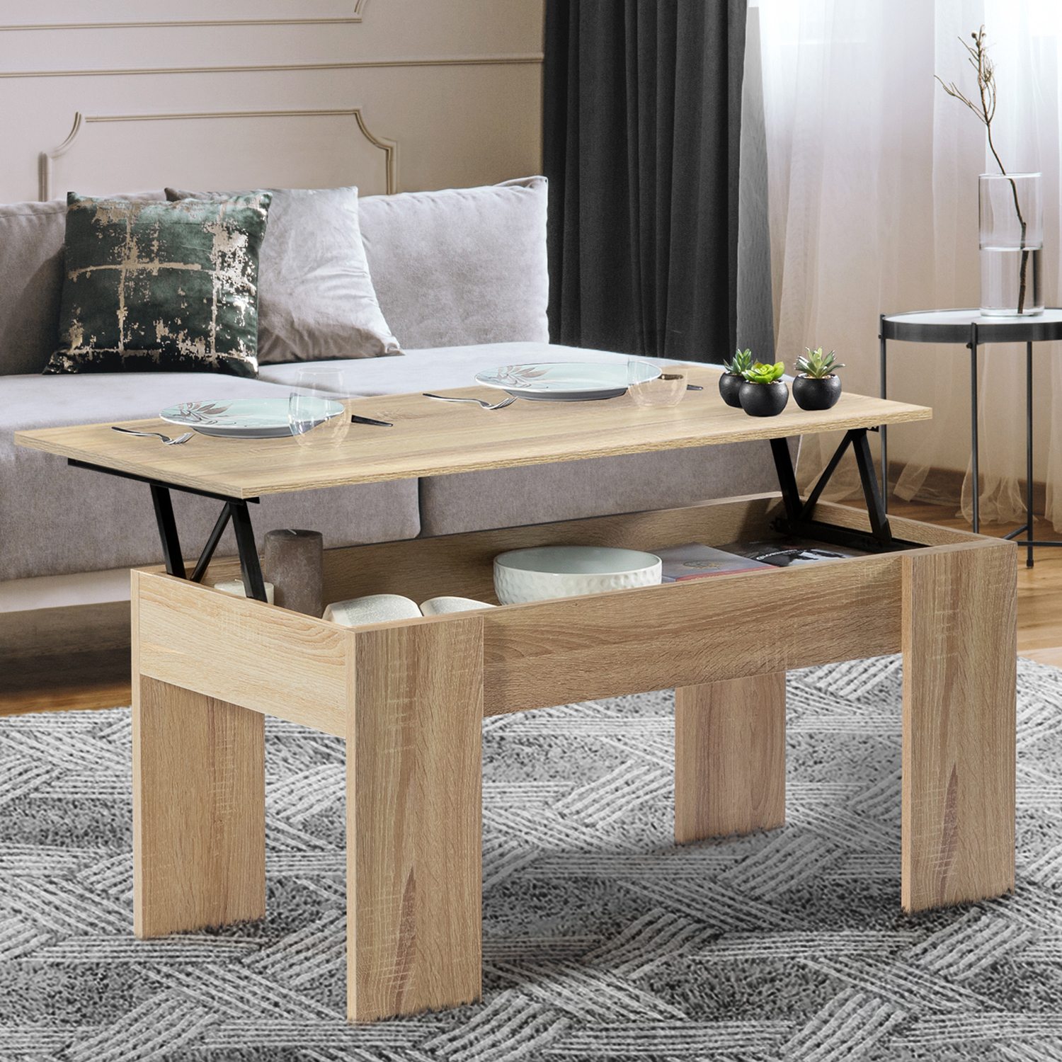 Table de salon avec plateau relevable bois imitation hêtre