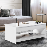 Sapgaks Table Basse Relevable - Plateau Ouvrant 2 Tables - 3 Tiroirs - Blanc/Bois - 100x51x47cm