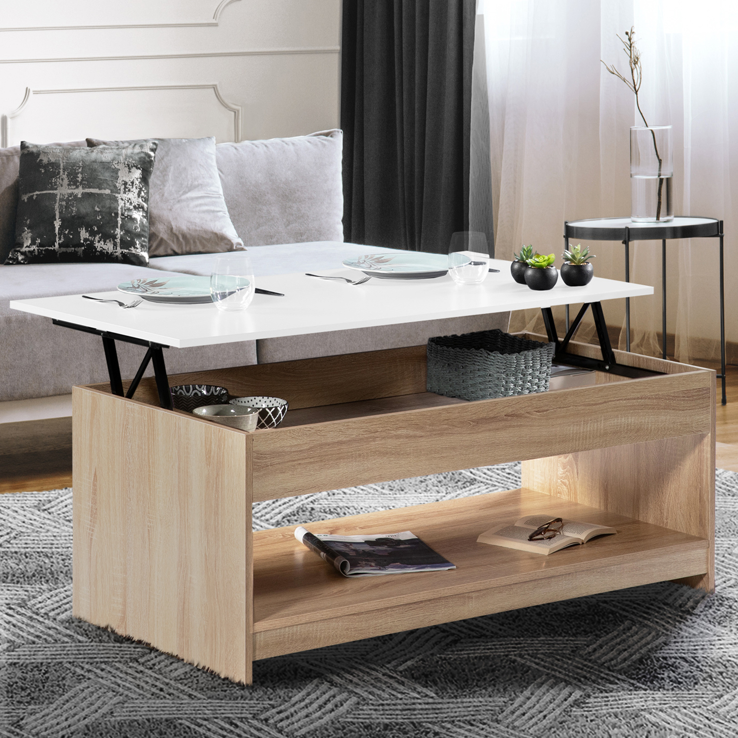 Table de salon avec plateau relevable imitation hêtre plateau blanc