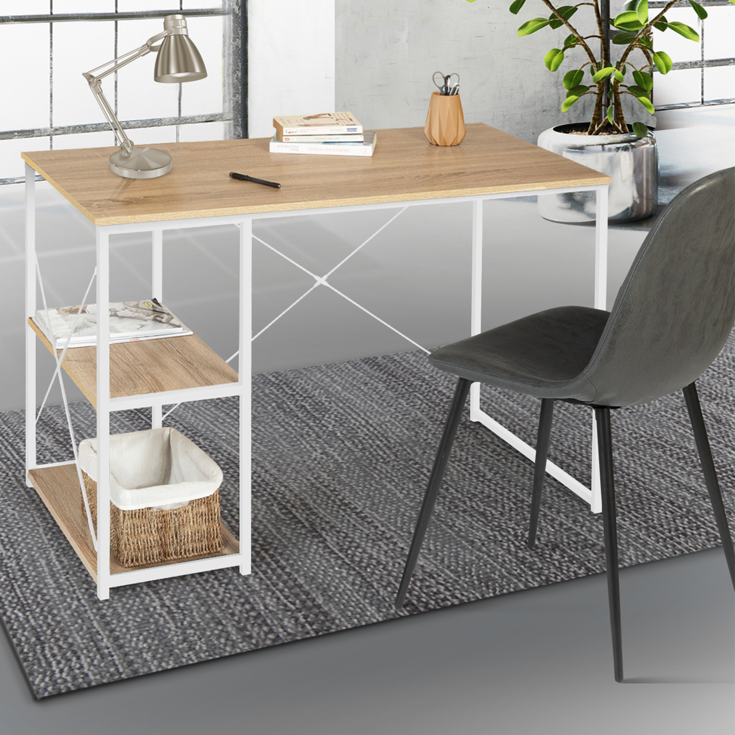 Bureau industriel droit avec plateaux bois et métal blanc