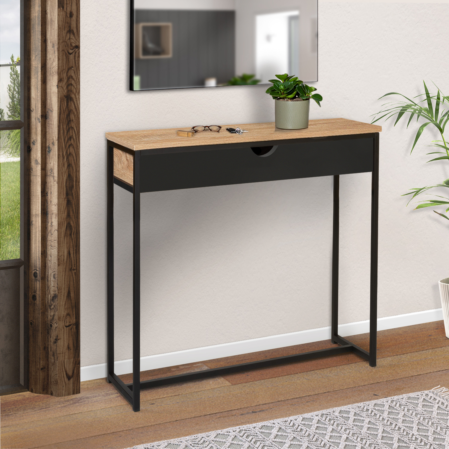 Console style industriel bois et métal 90 cm avec tiroir