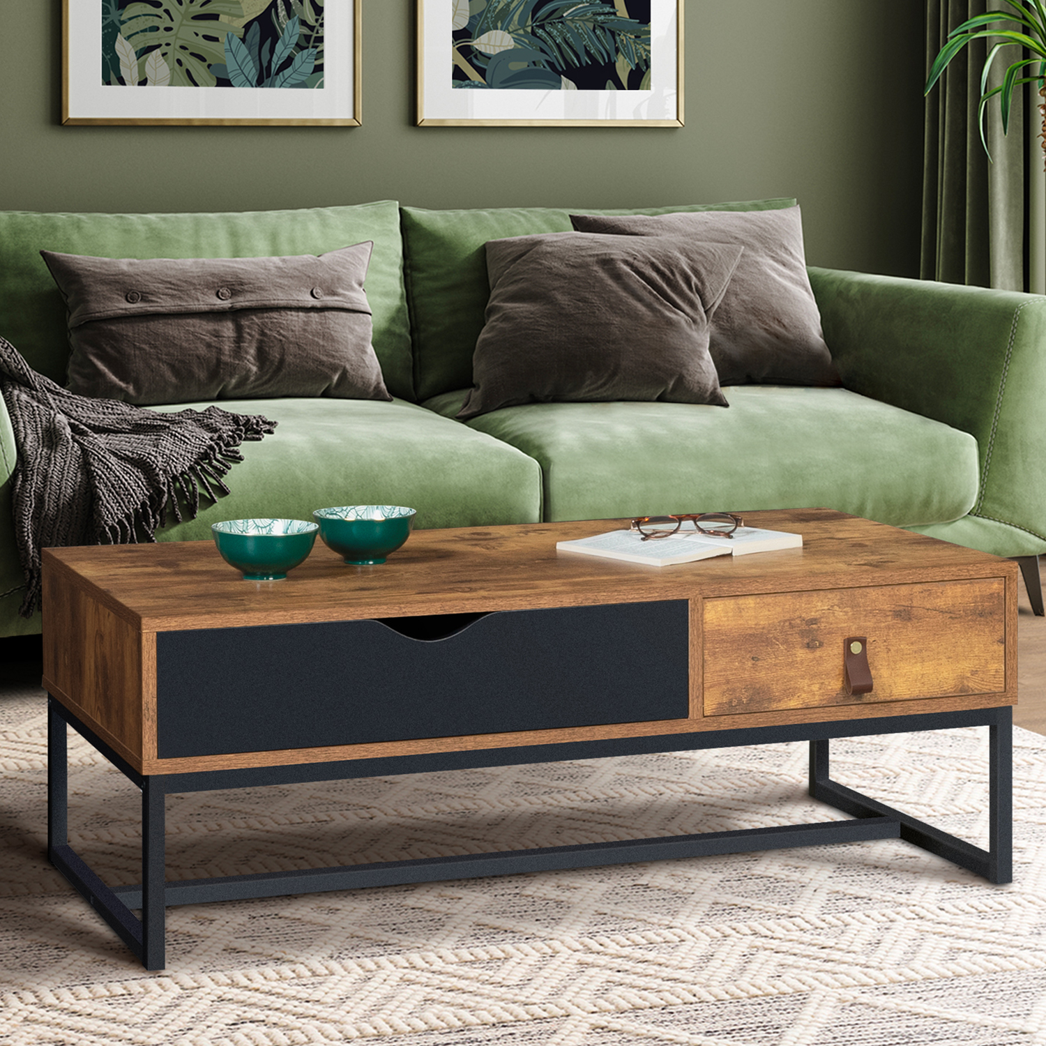 Table basse 2 tiroirs style industriel effet bois vieilli