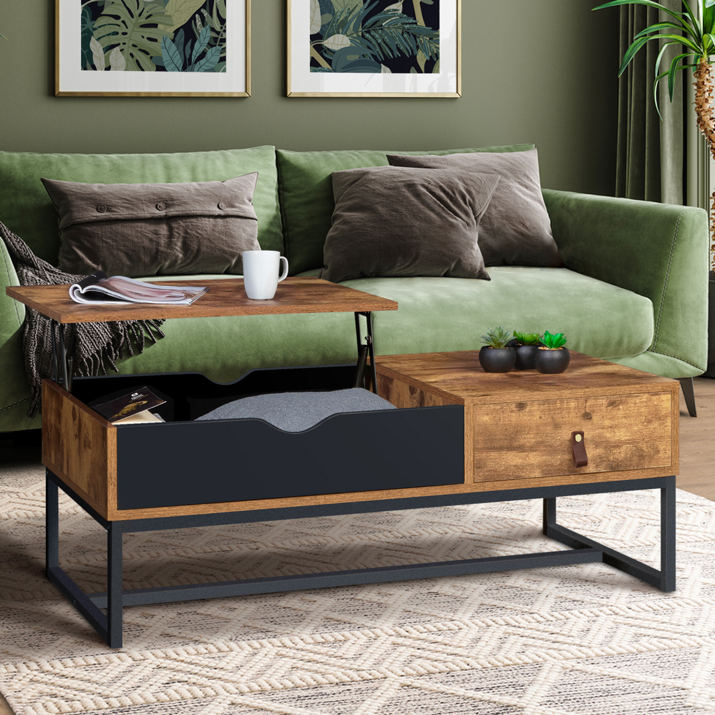 WLIVE Salontafel met liftbovenkant voor woonkamer, salontafel met opslag, verborgen compartiment en metalen frame, centrale tafel met 4 wielen voor ontvangstruimte, rustiek bruin