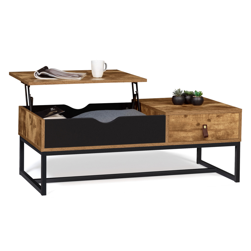 Table basse plateau relevable industrielle effet bois vieilli CHICAGO