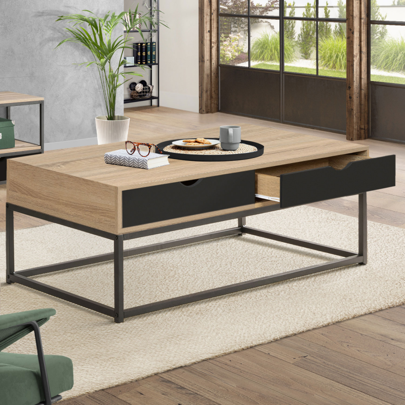 Table basse rectangulaire 2 tiroirs noirs BOSTON design industriel