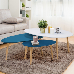 14615 - Set di 3 tavolini scandinavi laccati bianchi e blu Lot de 3 tables basses gigognes GIGI laquées blanc/bleu