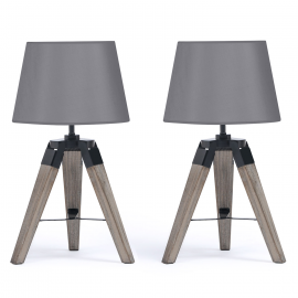 Lot de 2 lampes de chevet trépied HILDA en bois foncé grises Lot de 2 lampes de chevet trépied HILDA en bois foncé grises