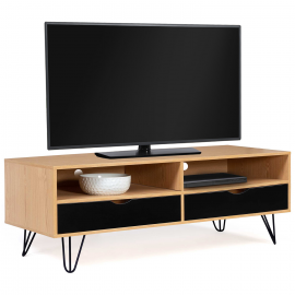 Meuble TV vintage NOEMI 2 tiroirs bois pied épingle 113 cm Meuble TV vintage NOEMI 2 tiroirs bois pied épingle 113 cm