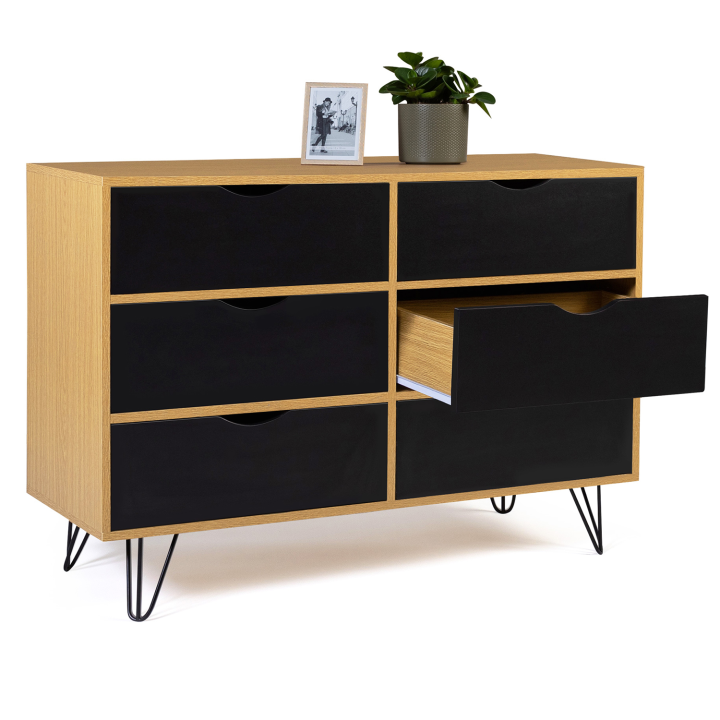 Commode 6 tiroirs vintage NOEMI bois pied épingle Commode 6 tiroirs vintage NOEMI bois pied épingle