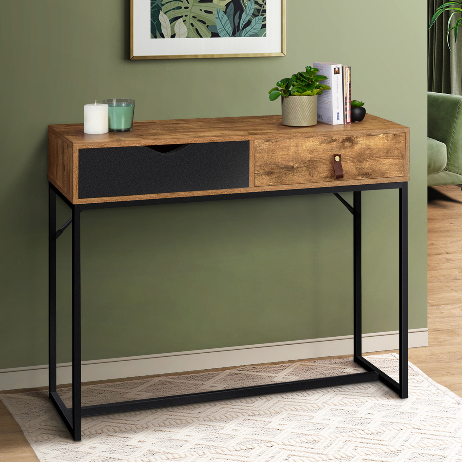 Console style industriel bois et métal 2 tiroirs